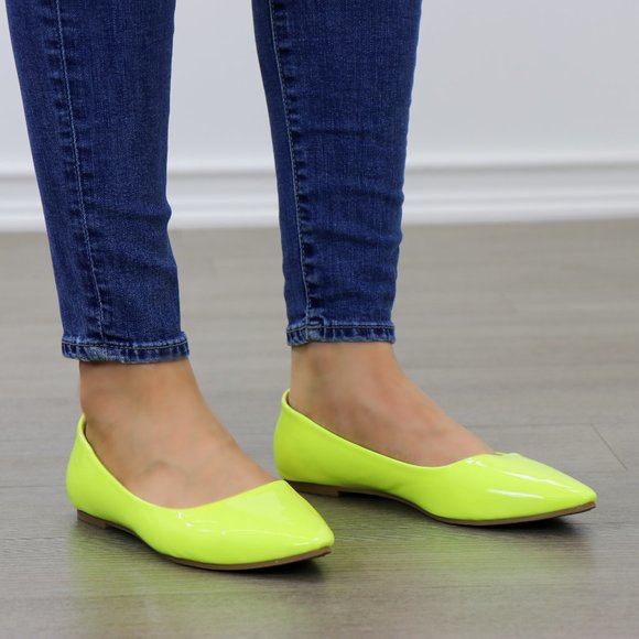 Neon Yellow Close Pointy Toe Slip Flat Shoes - Picture 6 of 8